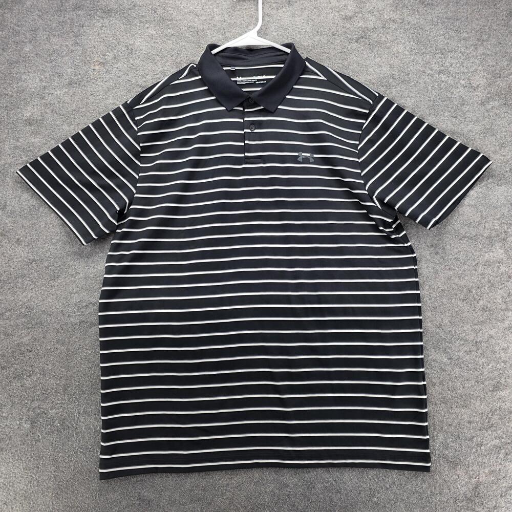 Under Armour Polo Shirt Mens XL Black Stripe HeatGear Loose Golf Performance